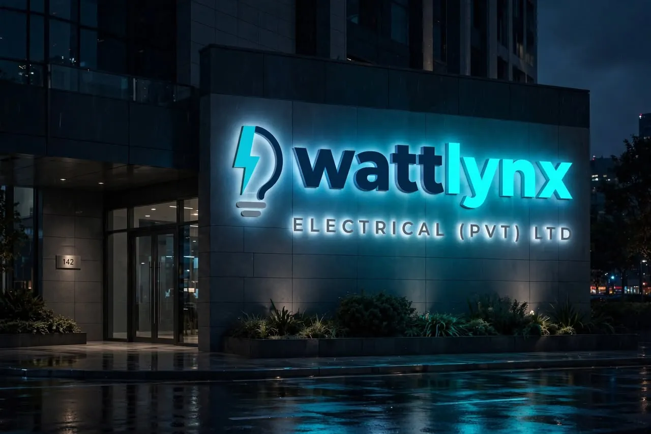 Wattlynx Electrical logo as illuminated building signage at night