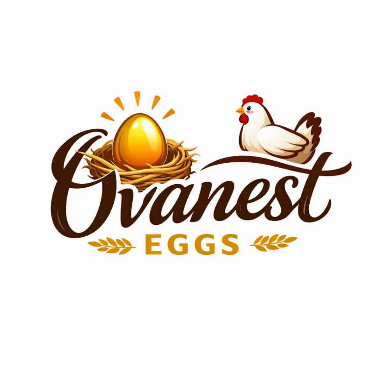 Ovanest Eggs logo with hen and golden nest